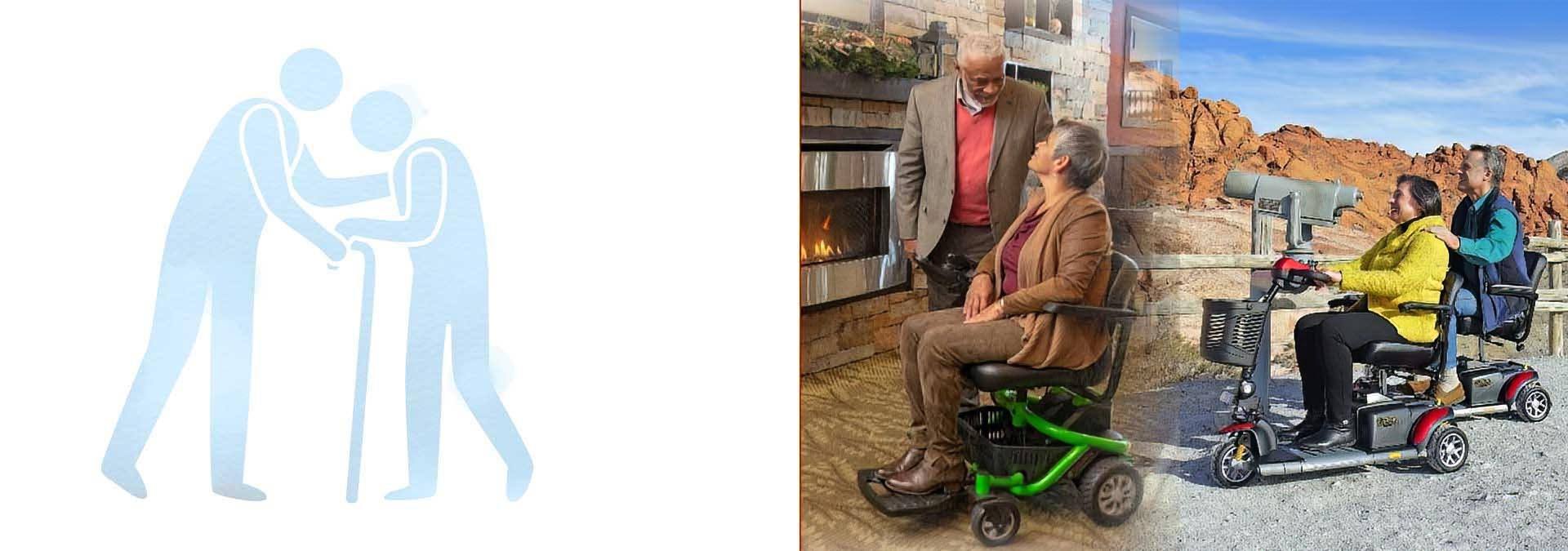 woman on electric wheelchair near fireplace and couple on mobility scooters sightseeing-