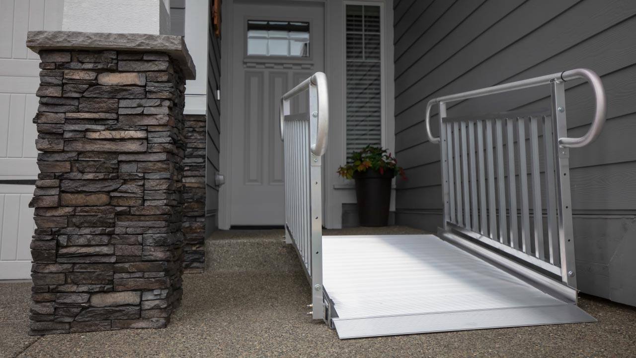 GATEWAY™ 3G Solid Surface Portable Home Access Ramp on Front Porch of Home in Rio Grande, NJ